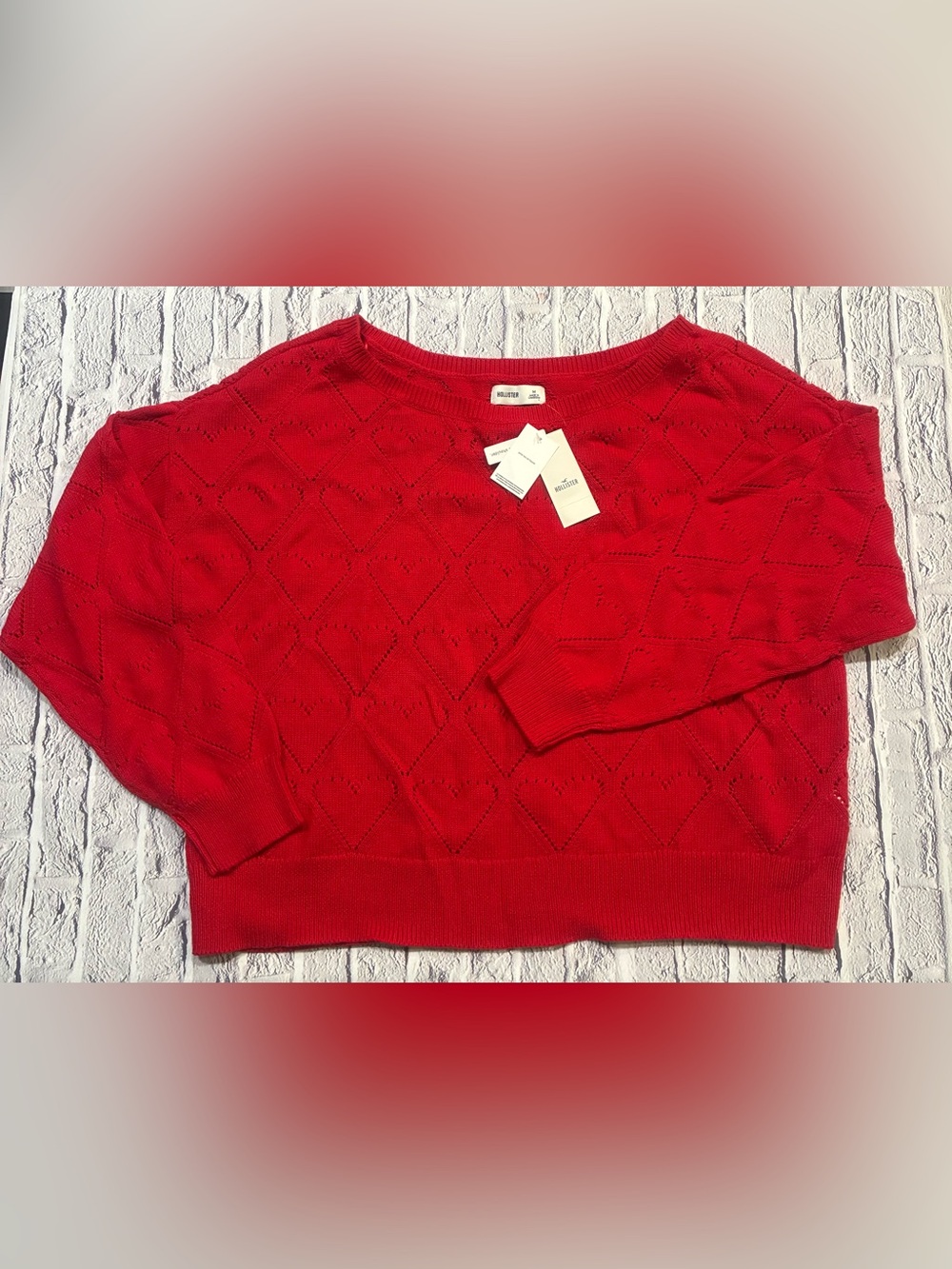 Hollister‎ Red Heart Eyelet Knit Scoop-Neck Sweater